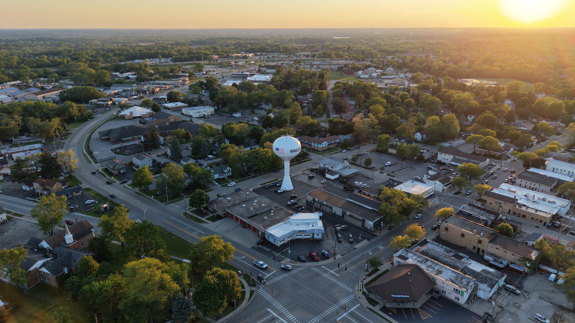 Aerial view of downtown Wauconda, Illinois at sunset